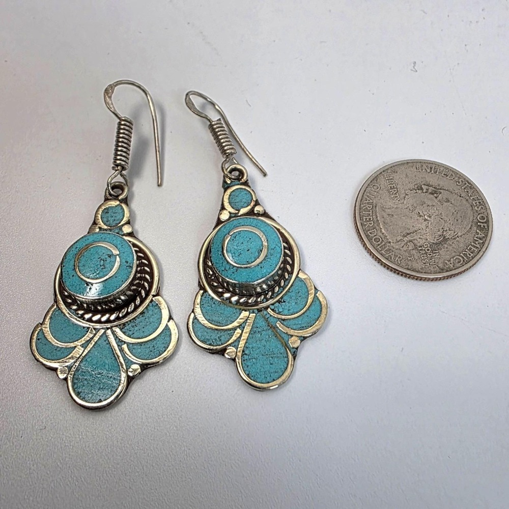 Tibetan Handmade Dangle Earrings In Turquoise Gemstones Boho Style - Picture 3 of 6